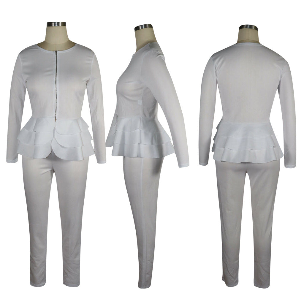 Sexy Solid Zipper Ruffles Long Sleeve Two Piece Set