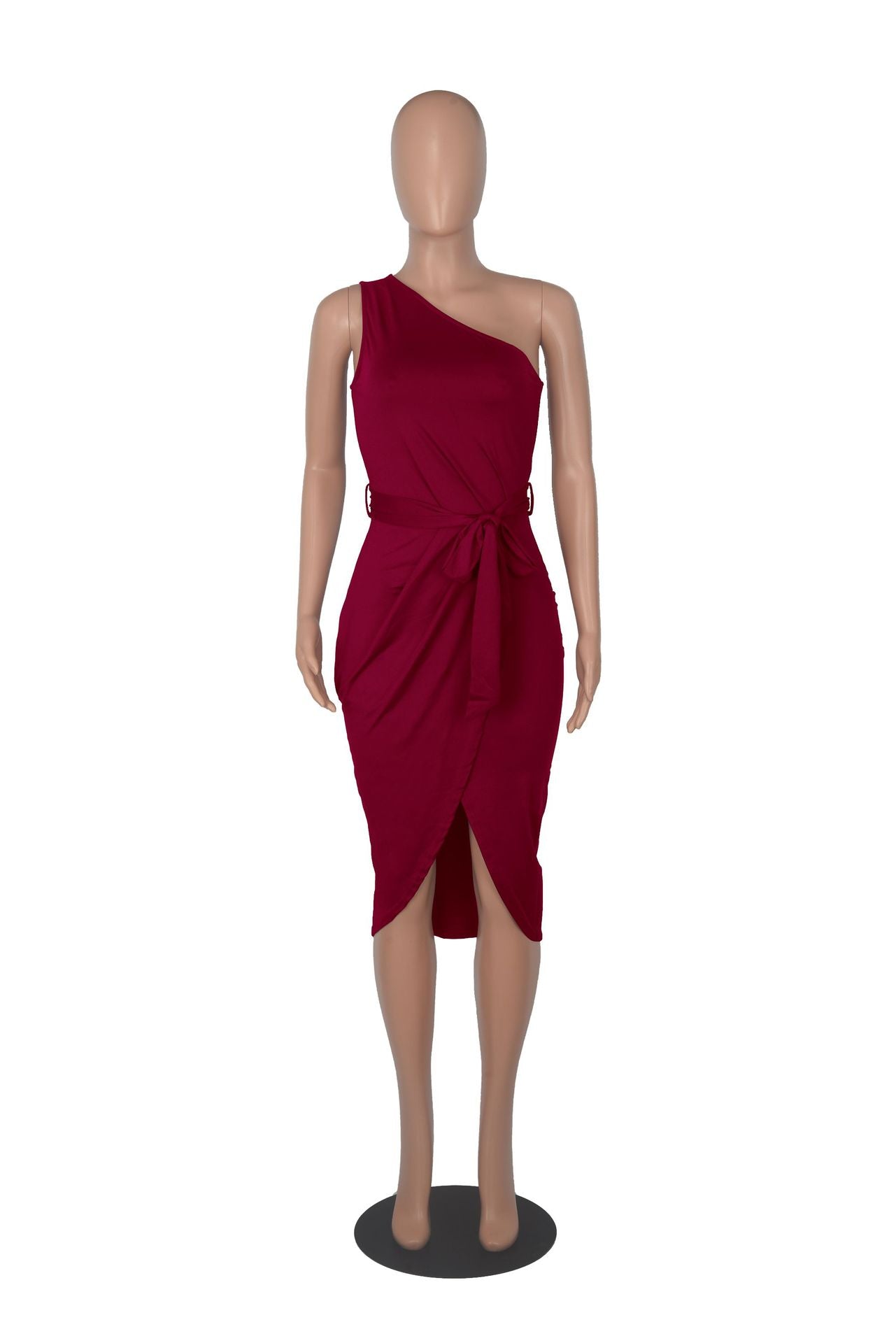 Sexy Solid One Shoulder Sleeveless Sashes Midi Dress