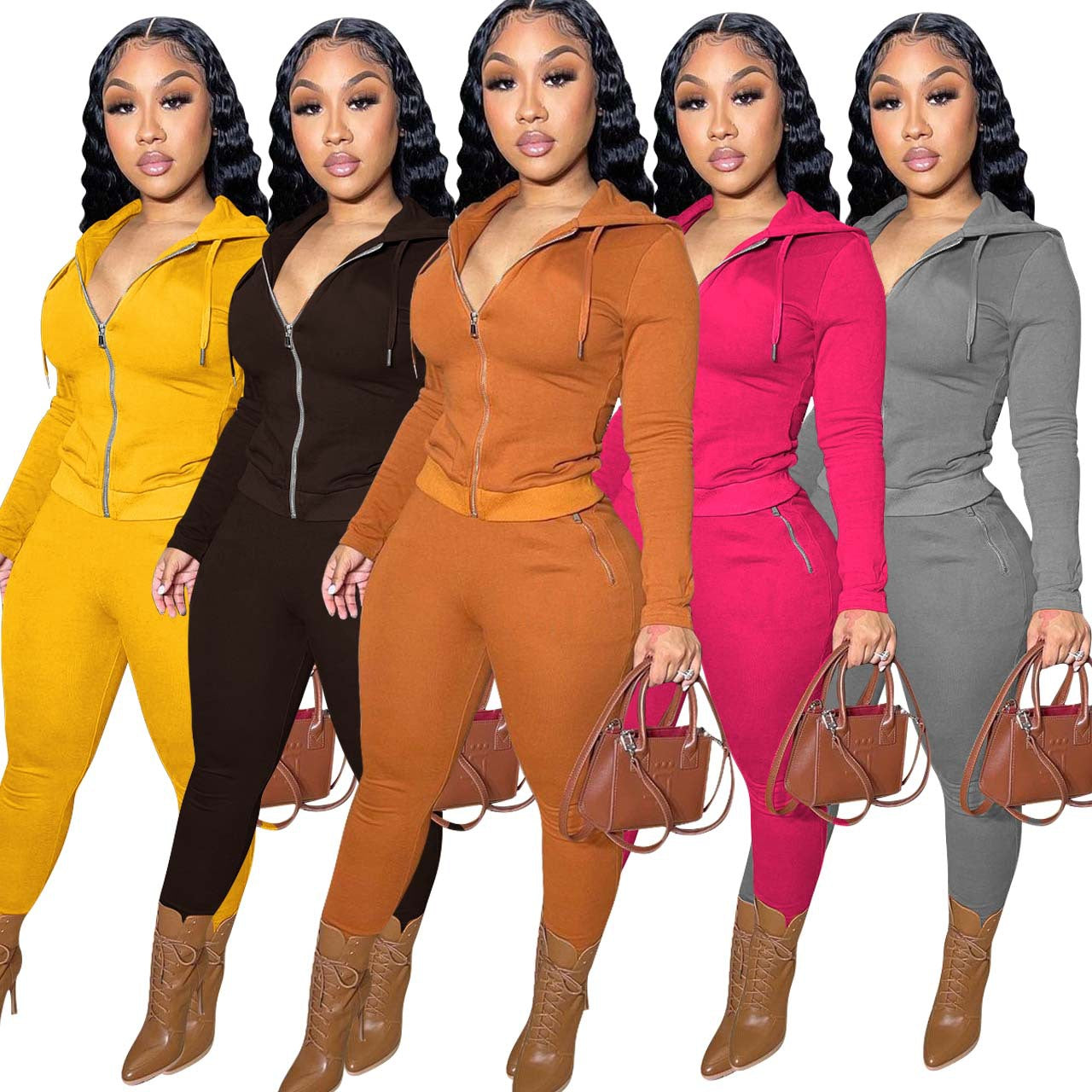 Sexy Solid Fleece Hooded Zipper Long Sleeve Two Piece Sets