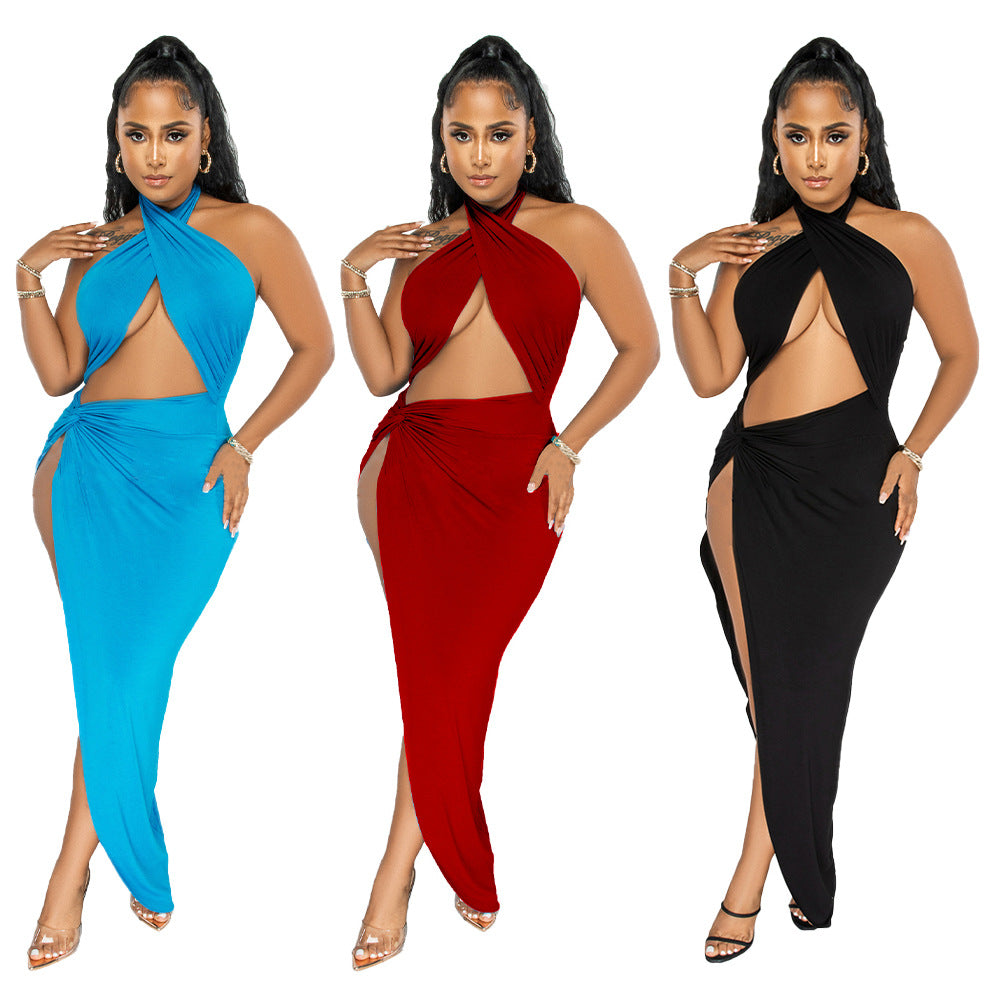 Sexy Solid Color Halter Slit Irregular Dress