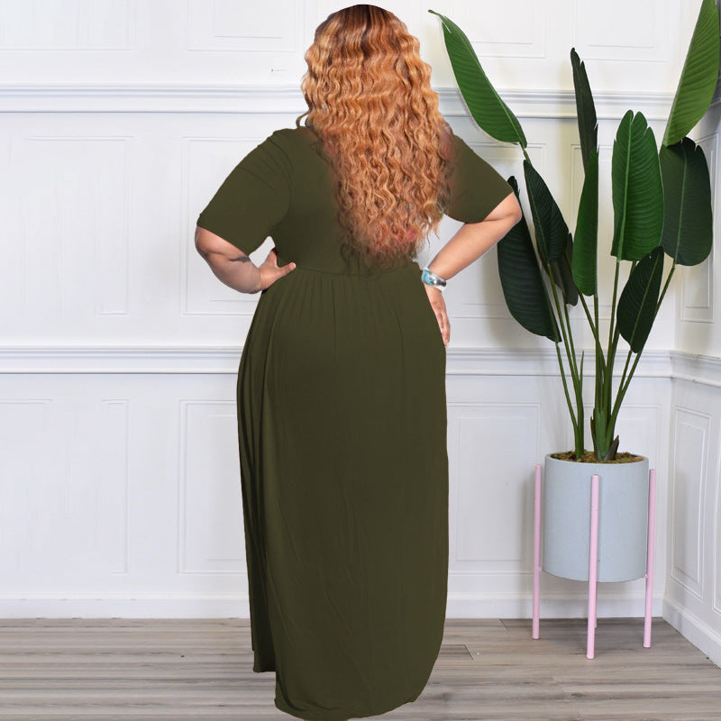 Sexy Plus Size Solid Short Sleeve High Waist Maxi Dress