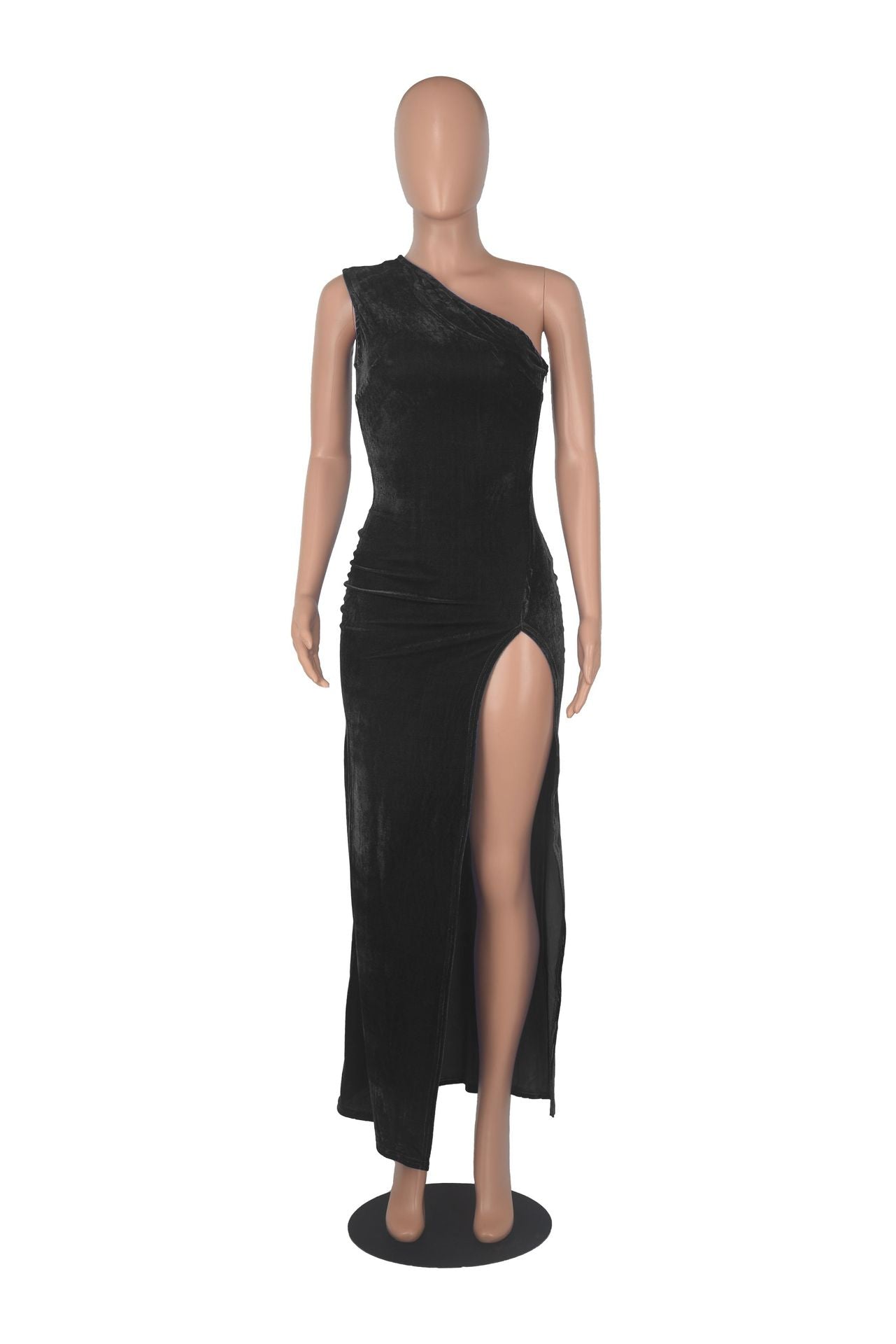 Sexy Sexy Velvet Sleeveless One Shoulder Split Maxi Dress