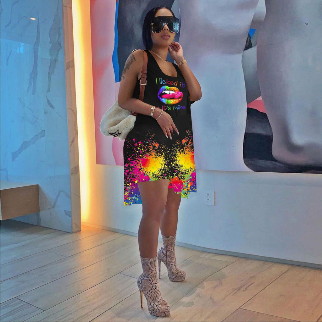 Sexy Lip Ink Jet Print Sleeveless Top And Shorts 2 Piece Sets