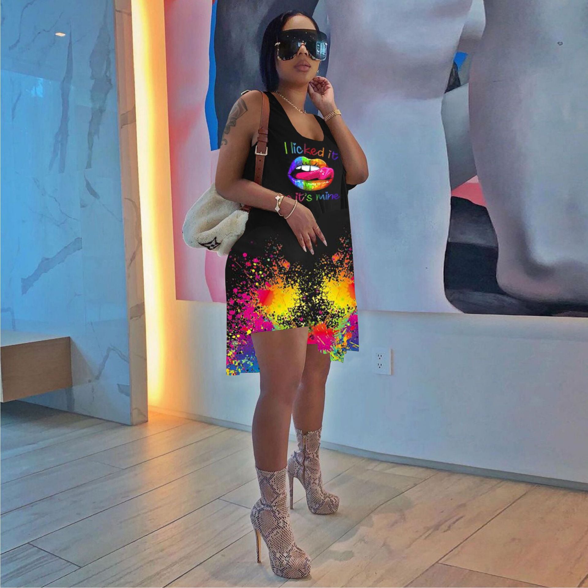 Sexy Lip Ink Jet Print Sleeveless Top And Shorts 2 Piece Sets