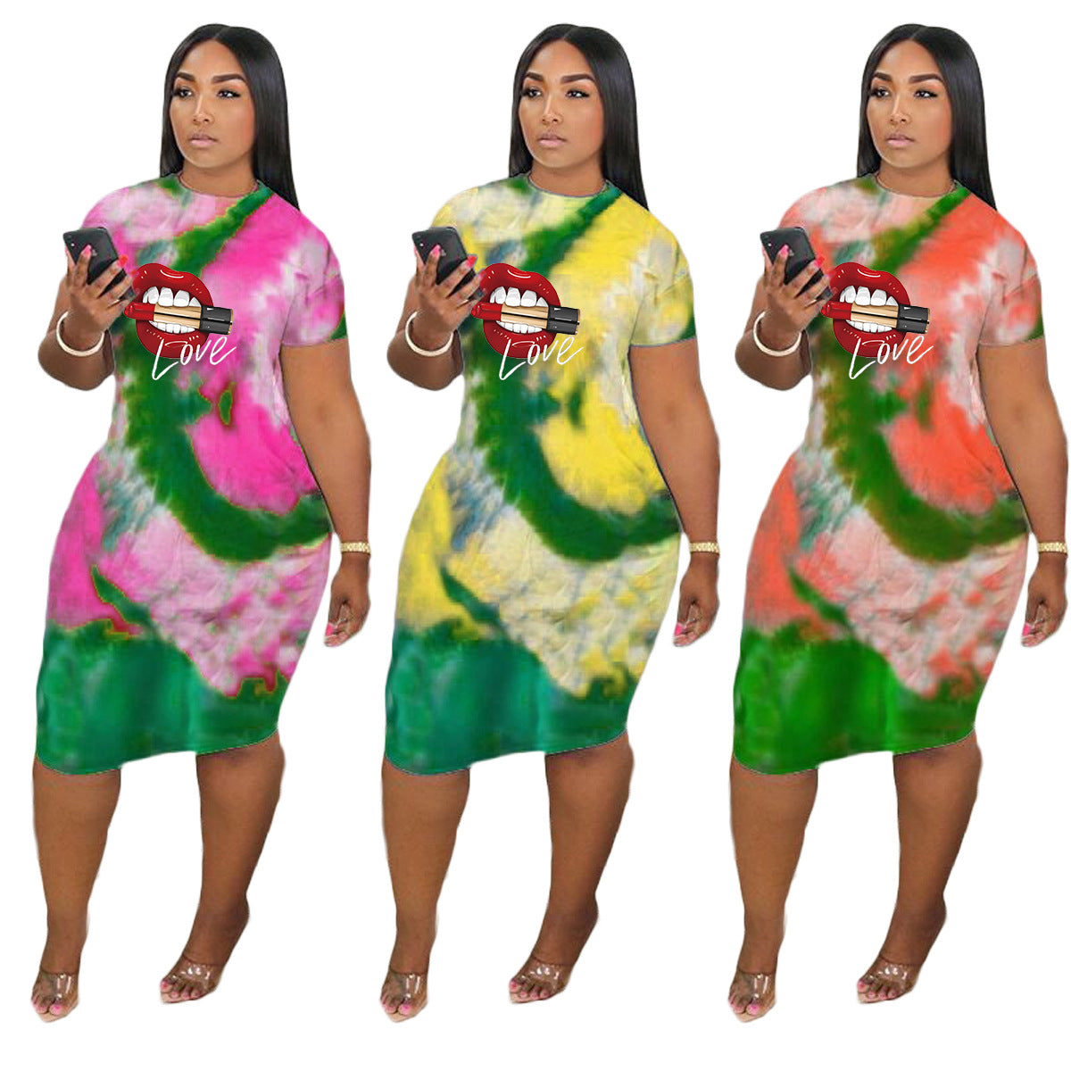 Sexy Plus Size Fashion Lip Tie Dye Print Short Sleeve Midi Dress