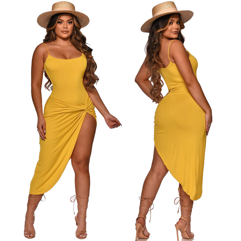 Sexy Solid Color Sexy Sling Irregular Midi Dress