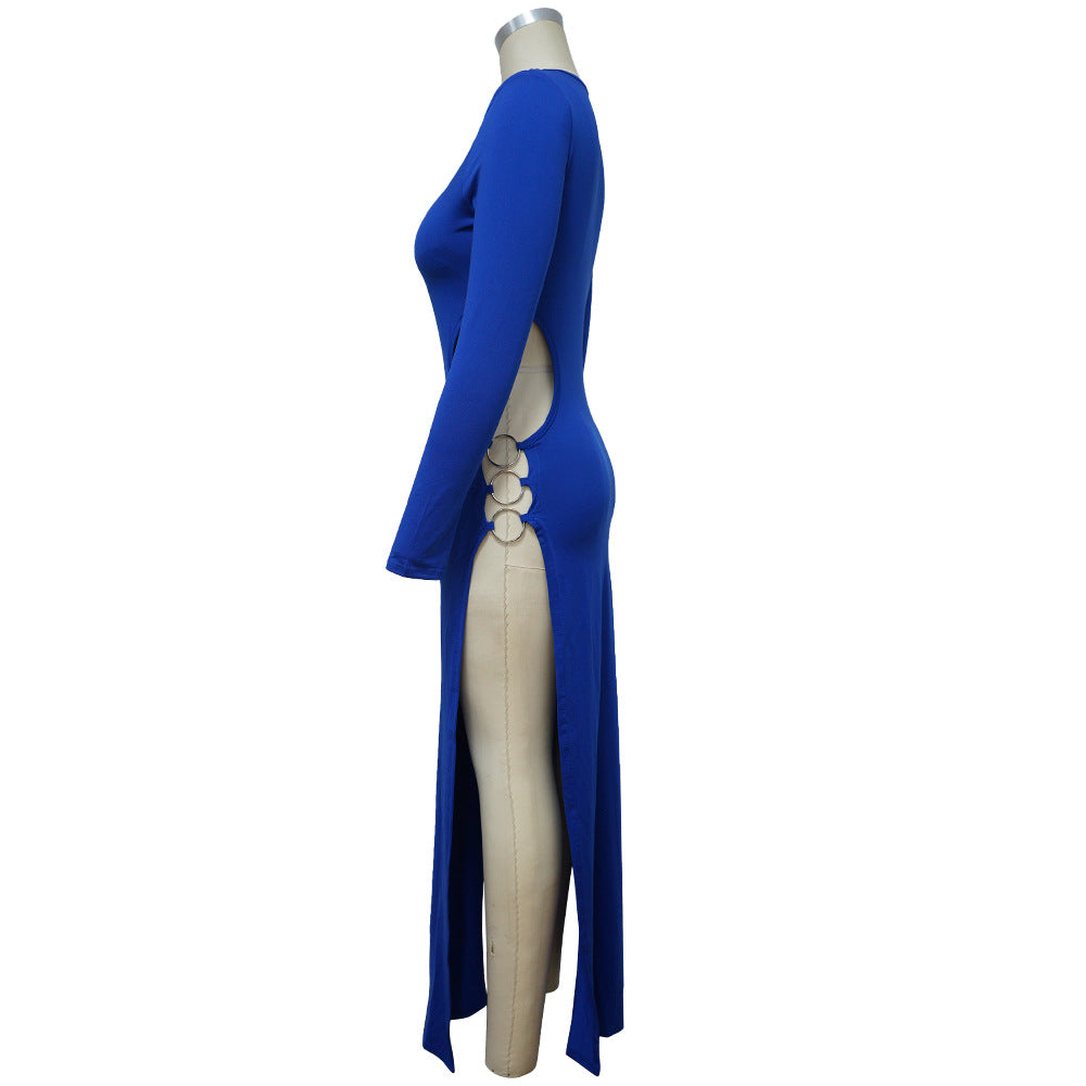 Sexy Solid Color Round Neck Sexy Slit Long Dress