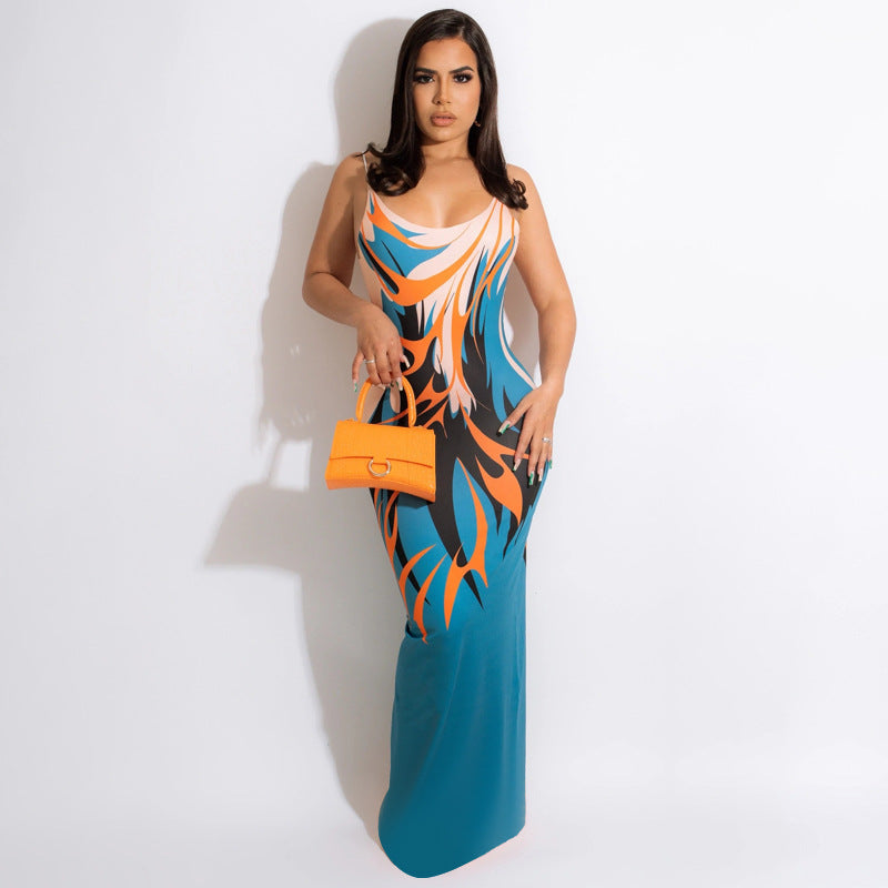 Sexy Plus Size Printed Backless Sleeveless Maxi Dress