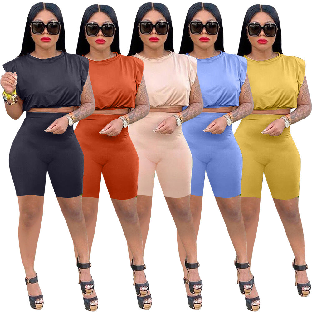 Sexy Solid Shoulder Pads Sleeveless Two Piece Shorts Set