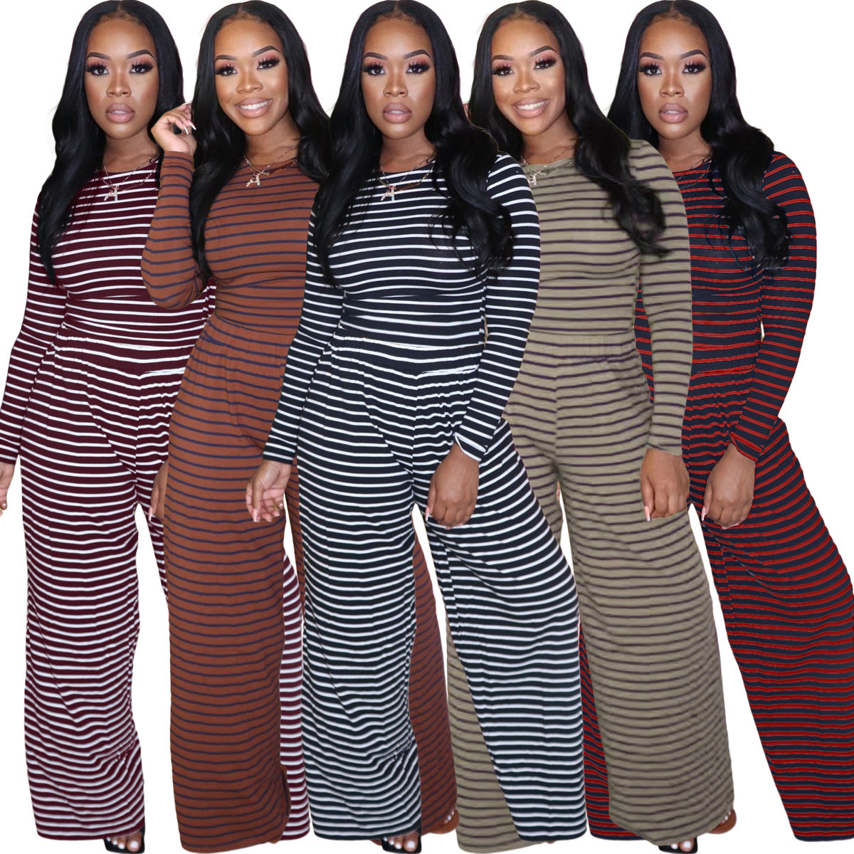 Sexy Plus Size Casual Long Sleeve Tops And Wide Leg Pant Stripe 2 Piece Set