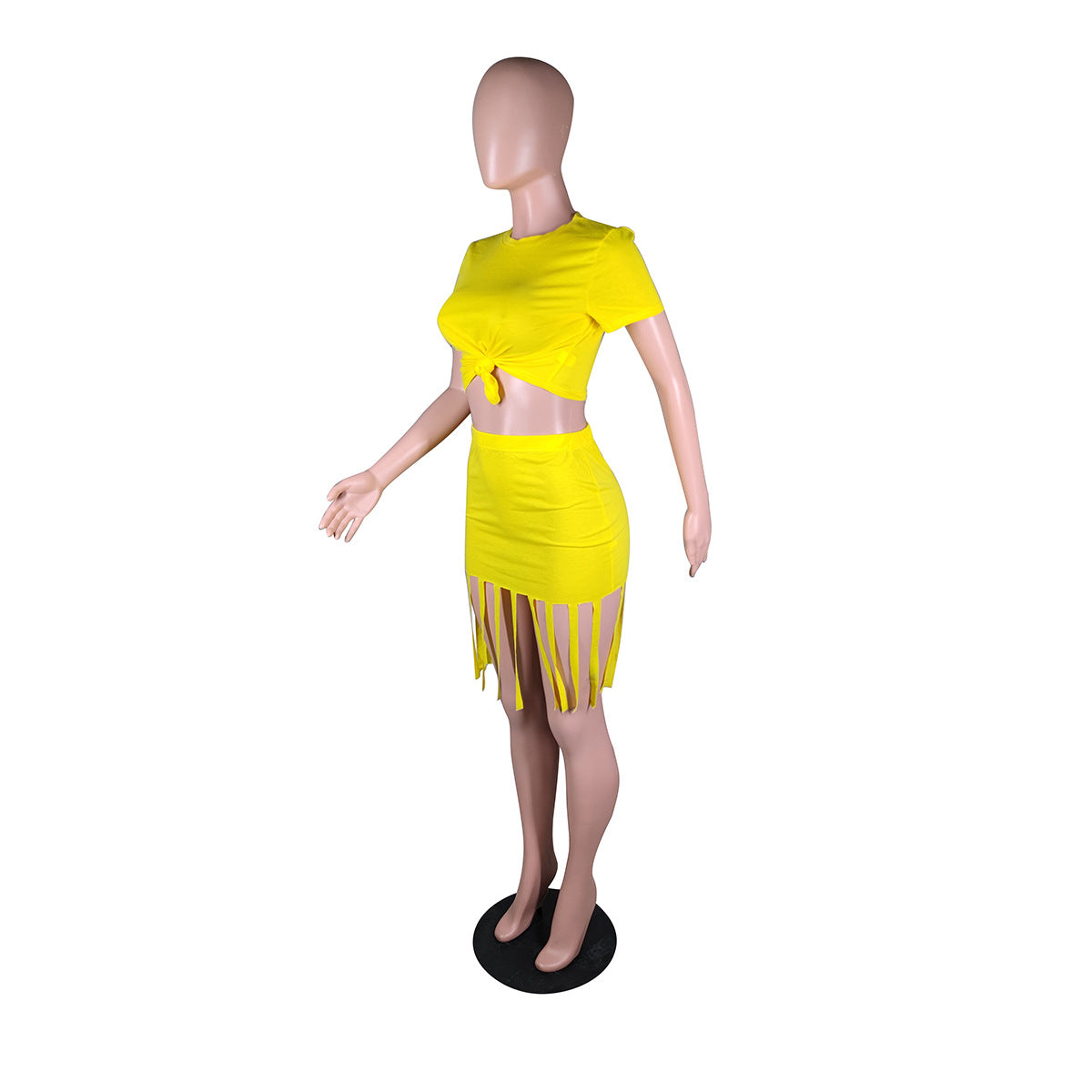 Sexy Solid Short Sleeve Tassel Skirt Two Piece Sets
