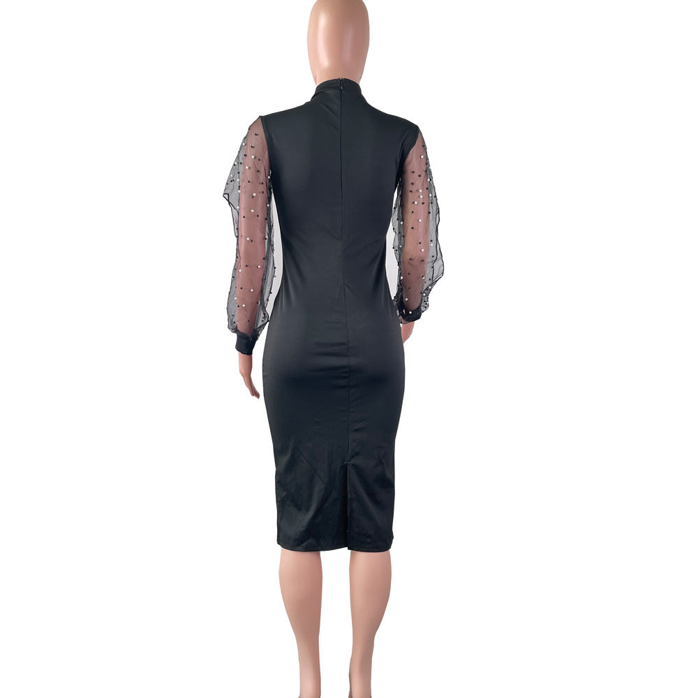 Sexy Solid Fashion Bead Long Sleeve Slim Midi Dress