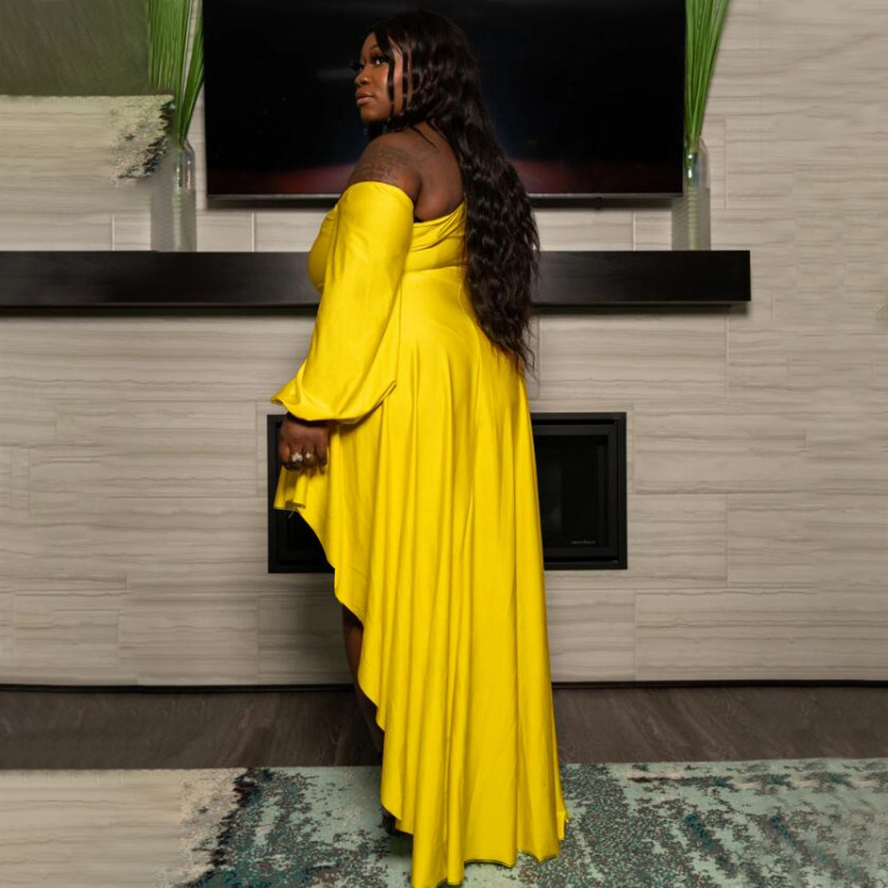 Sexy Plus Size Solid One Shoulder Irregular Maxi Dress