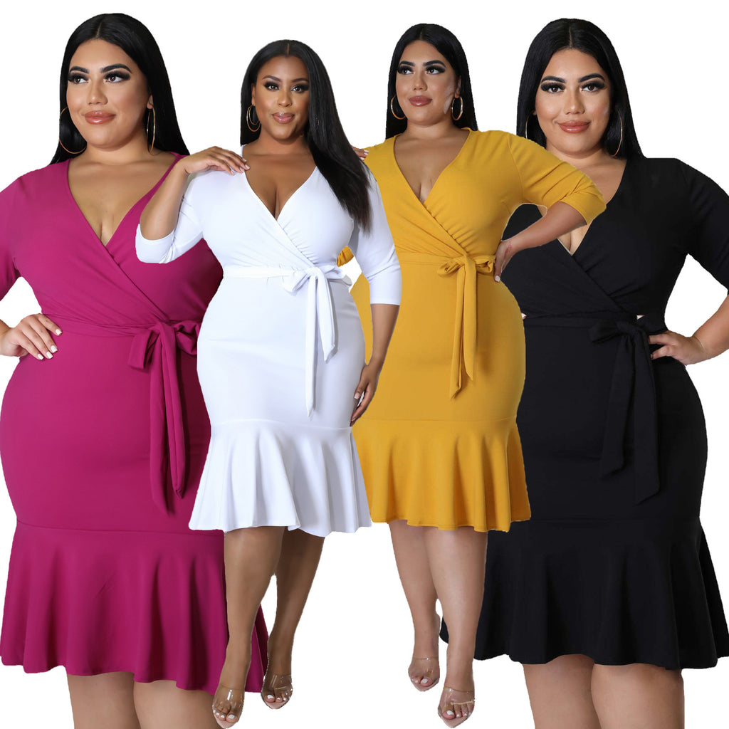 Sexy Plus Size 3/4 Sleeve Deep V Ruffle Dress