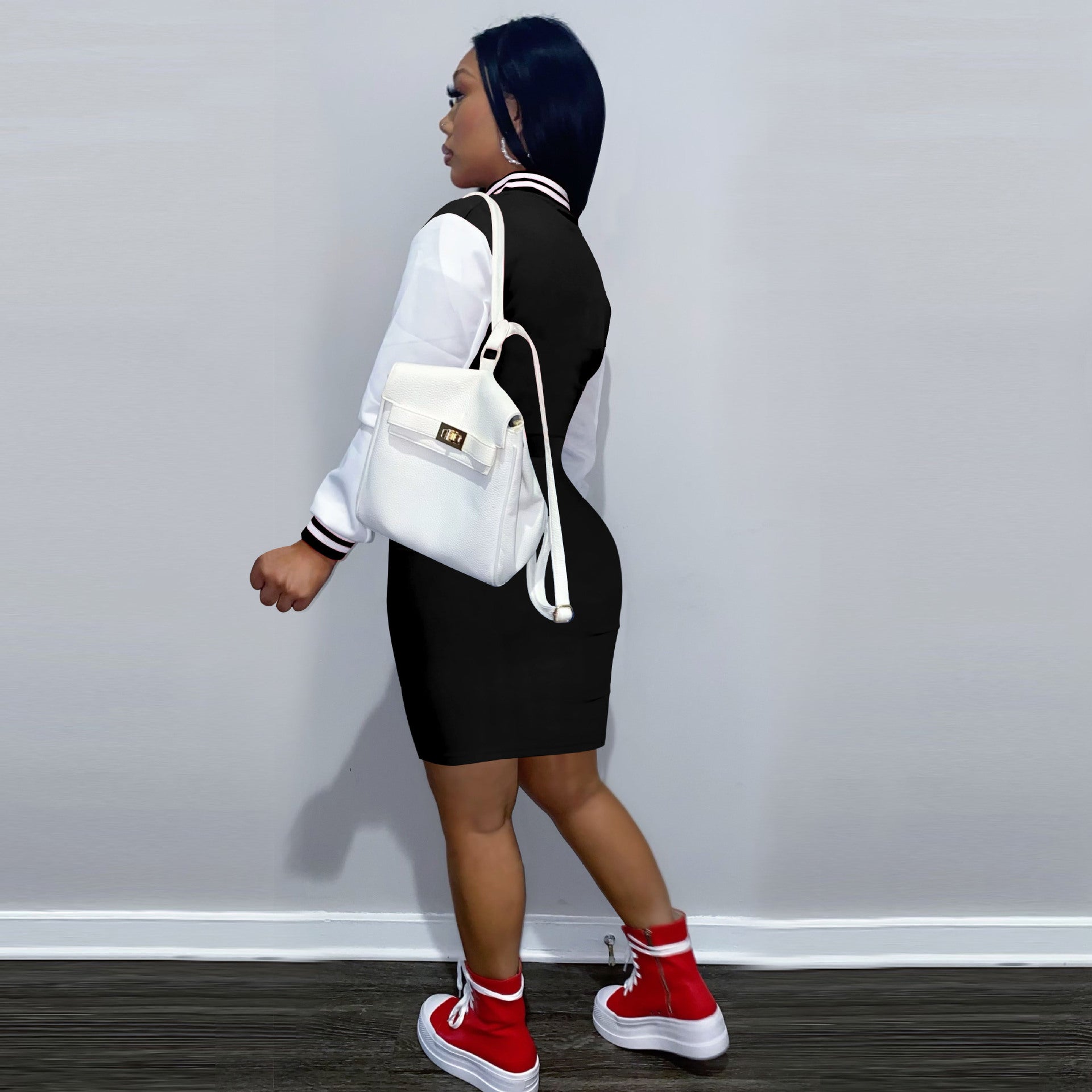 Sexy Letter Long Sleeve Patchwork Baseball Dress