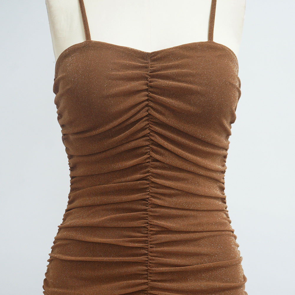 Sexy Solid Color Sling Ruched Midi Dress