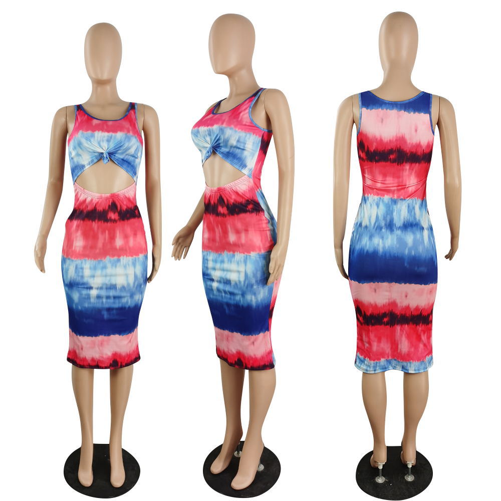 Sexy Tie Dye Print Sleeveless Hollow Out Midi Dress