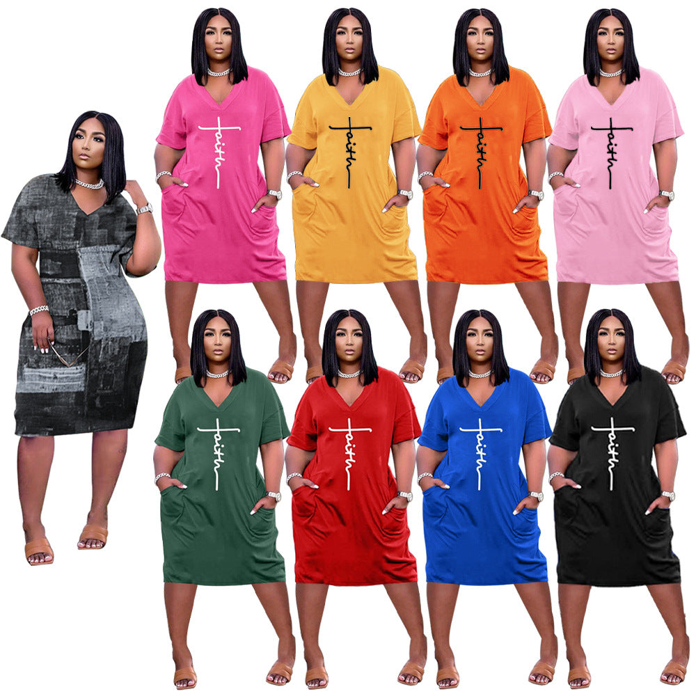 Sexy Plus Size Letter Print V Neck Loose Midi Dress