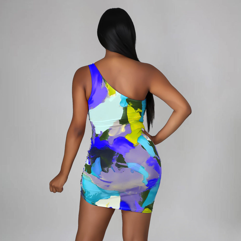 Sexy Sexy Printed One Shoulder Drawstring Hollow Mini Dress