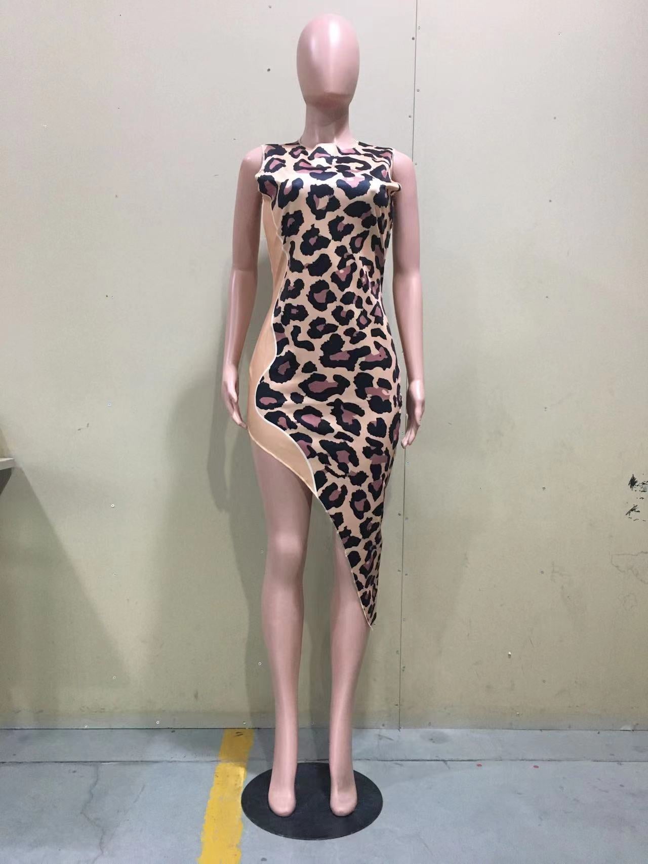 Sexy Leopard Sleeveless Irregular Midi Dress