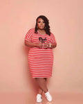 Sexy Plus Size Striped PINK Letter Print Short Sleeve Midi Dress