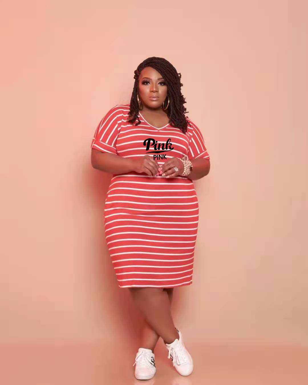 Sexy Plus Size Striped PINK Letter Print Short Sleeve Midi Dress
