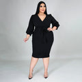 Sexy Plus Size Solid 3/4 Sleeve Sashes Midi Dress