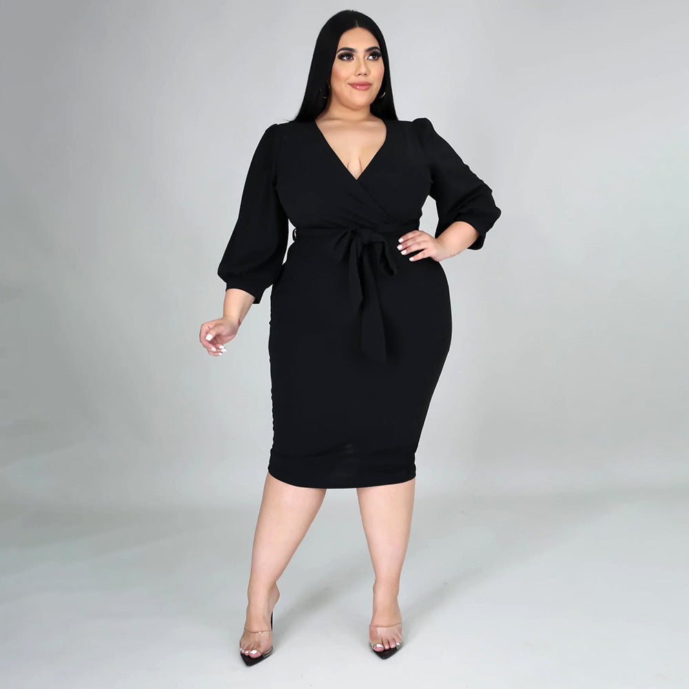 Sexy Plus Size Solid 3/4 Sleeve Sashes Midi Dress