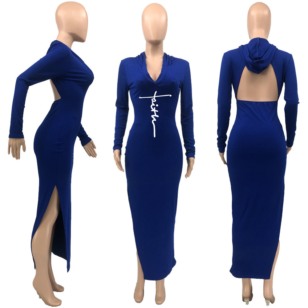 Sexy Letter Print Hooded Backless Split Maxi Dress