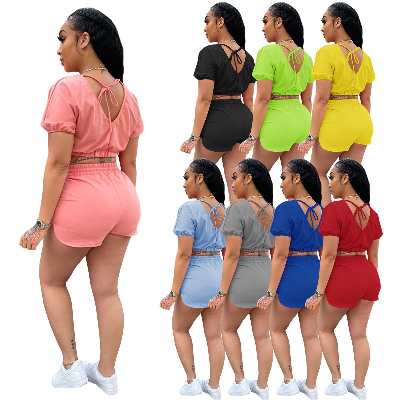 Sexy Solid Color Casual Short Sleeve Shorts  Two Piece Sets
