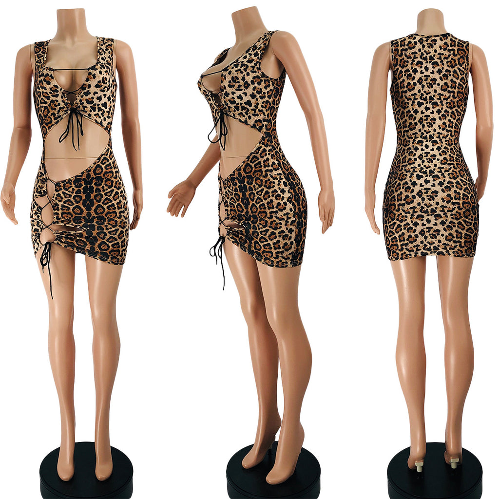Sexy Leopard Lace-Up Hollow Out Sleeveless Mini Dress