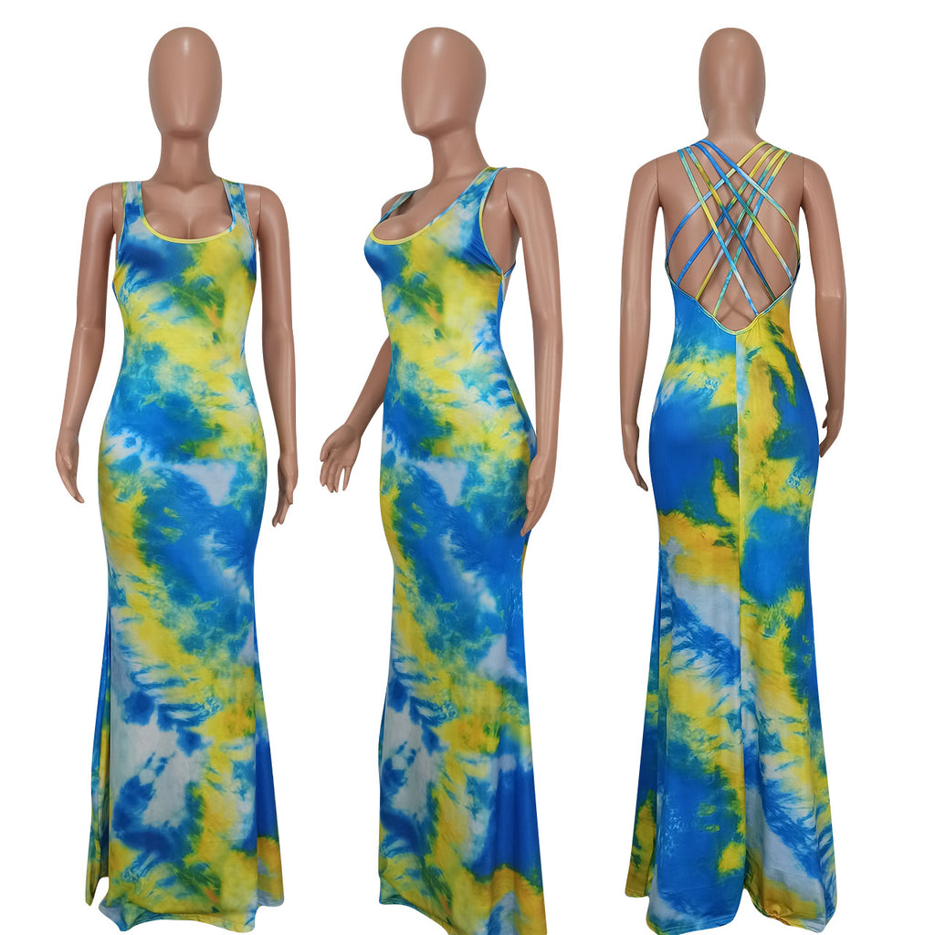Sexy Tie Dye Print Sleeveless Open-Back Cross Strap Maxi Dress