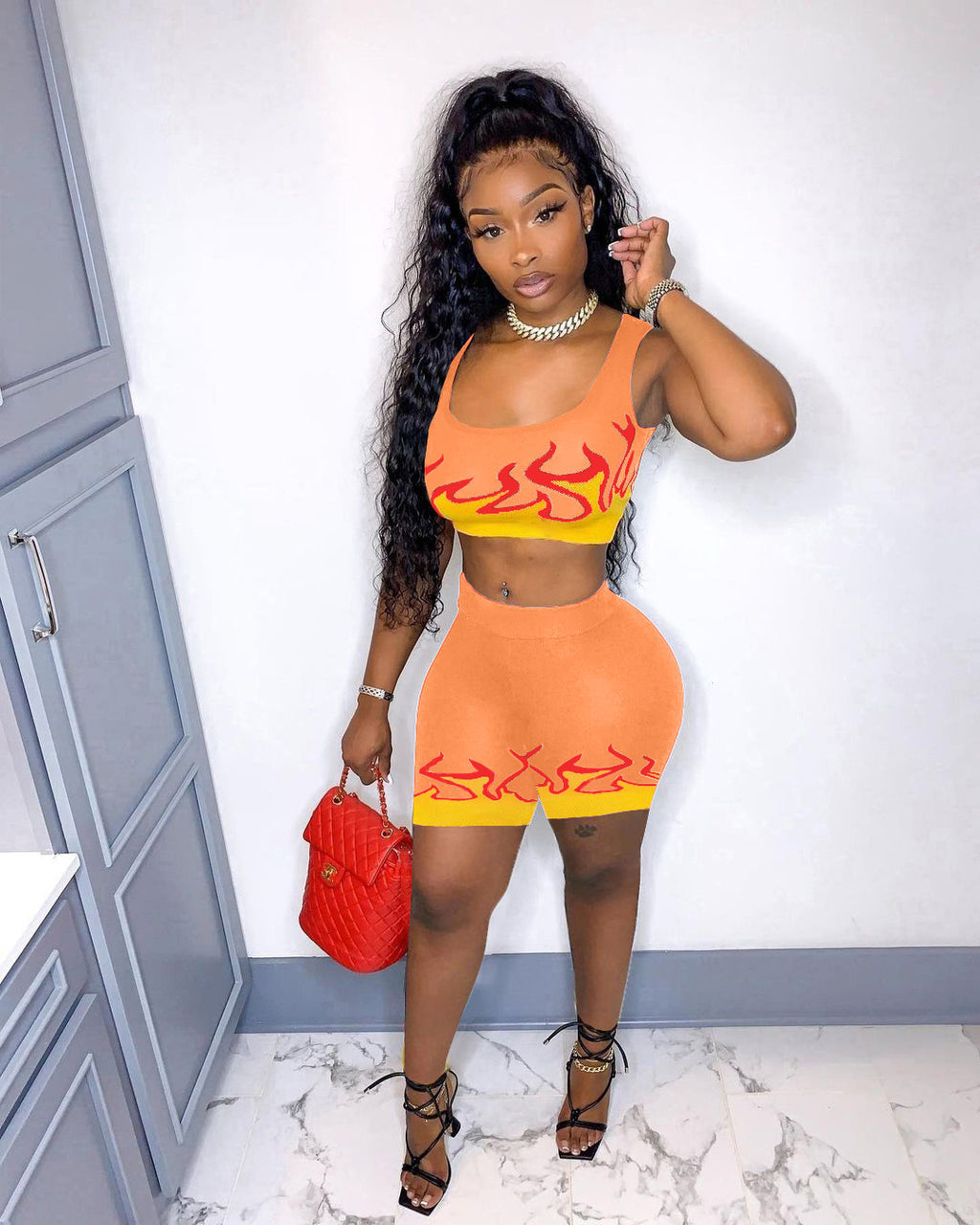 Sexy Flame Print Tank Top And Shorts 2 Piece Suits