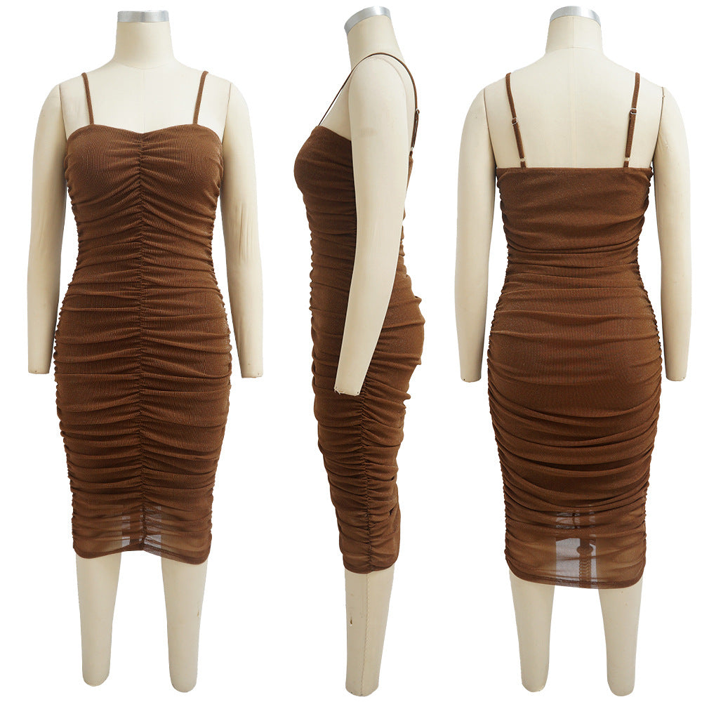 Sexy Solid Color Sling Ruched Midi Dress