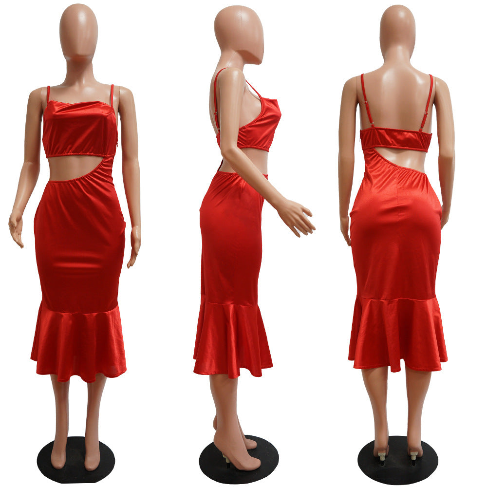 Sexy Solid Color Sling Ruffled Midi Dress