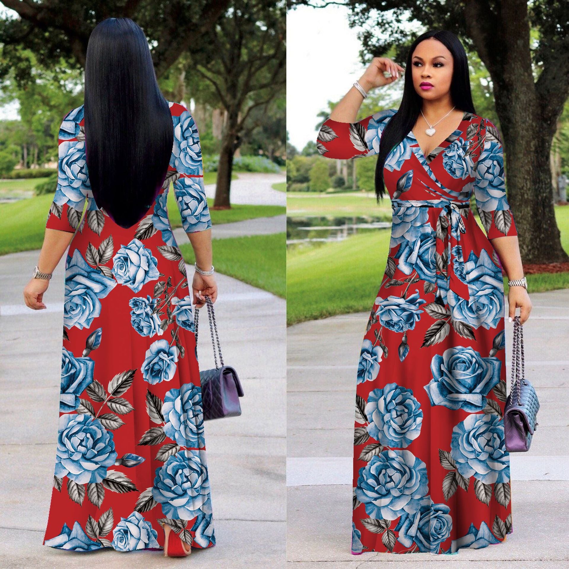 Sexy Plus Size Floral Print V Neck High Waist Maxi Dress