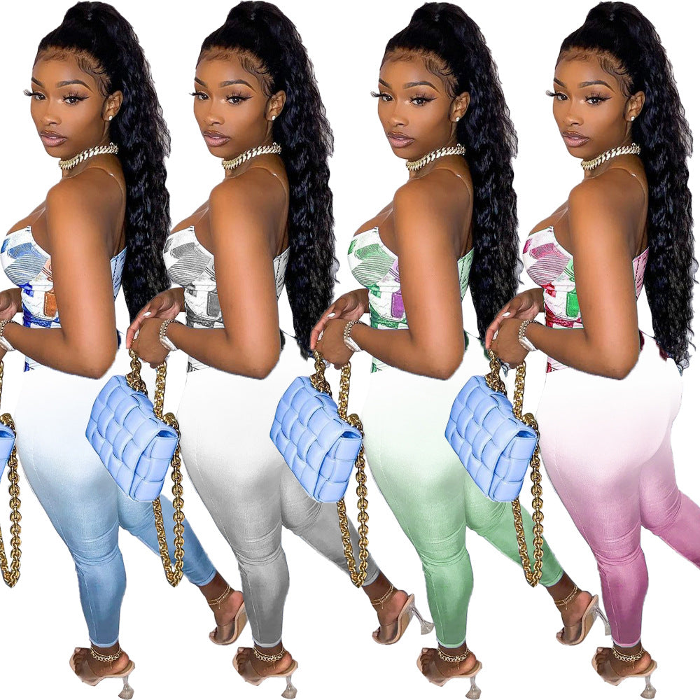 Sexy Dollar Print Gradient Slim Fit Two Piece Pants Set