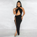 Sexy Solid Color Halter Slit Irregular Dress