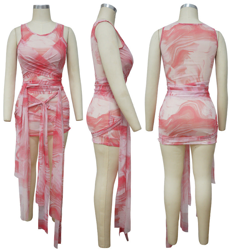 Sexy Sleeveless Sexy Print Mesh Lace-up Mini Dress