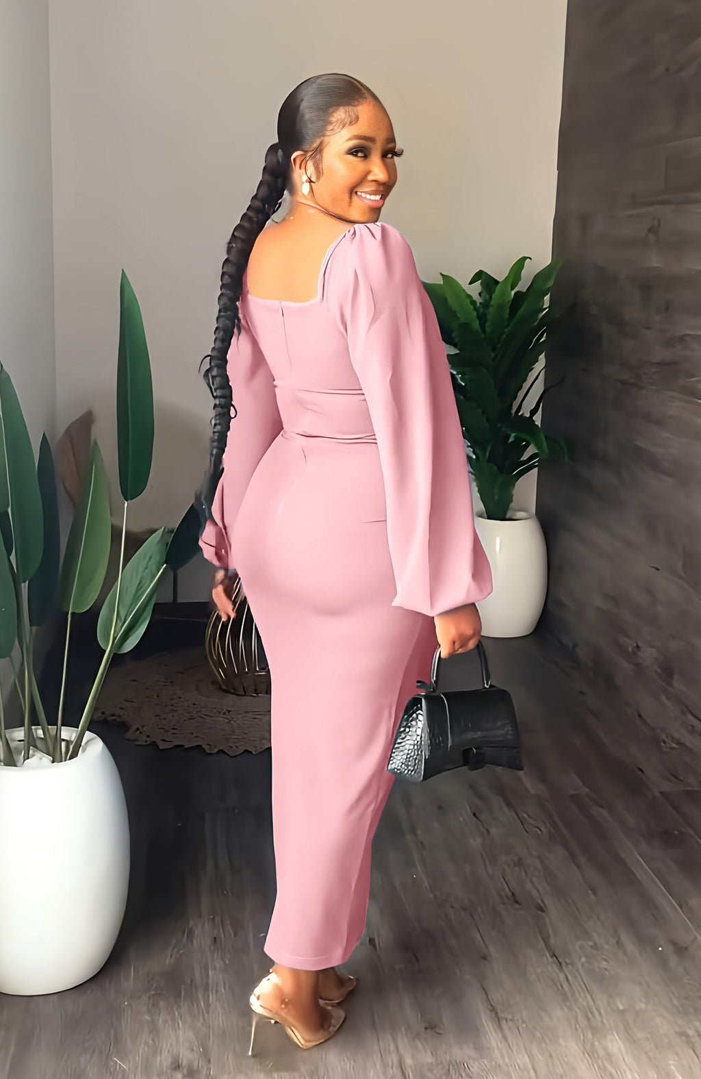 Sexy Solid Long Sleeve Split Maxi Dress