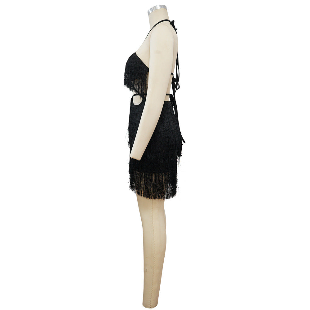 Sexy Lace-up Backless Tassel Mini Dress