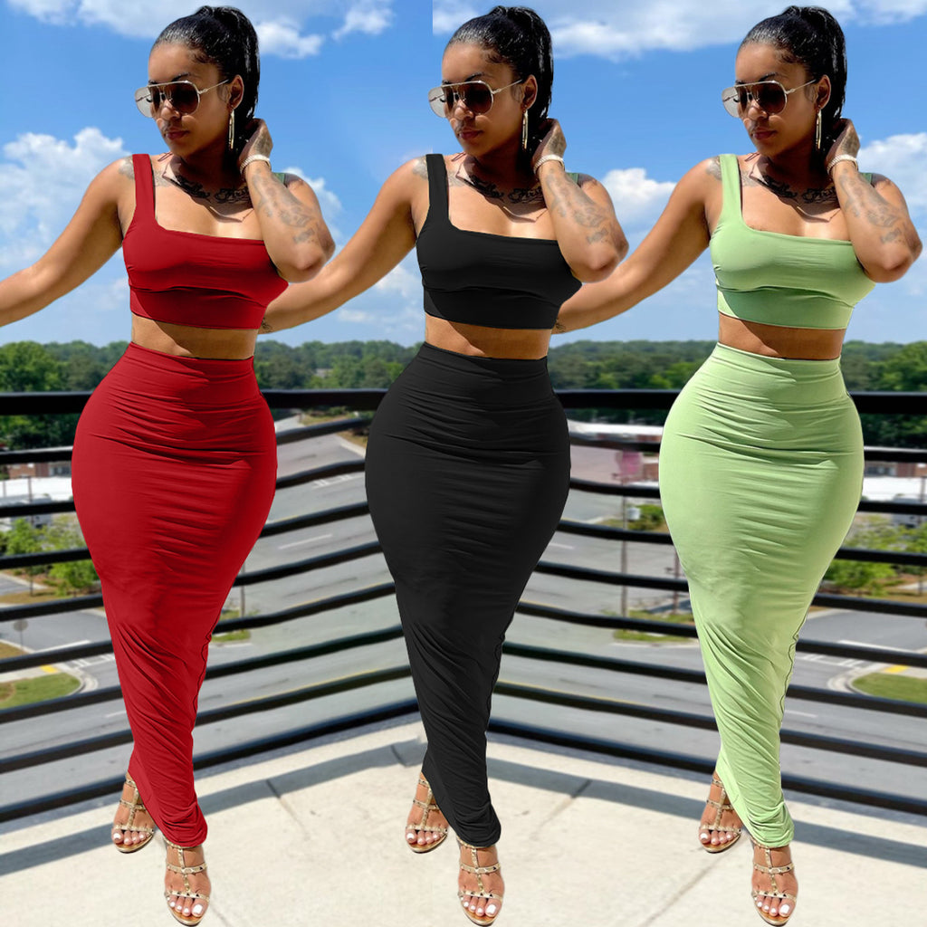Sexy Casual Solid Tank Top Long Skirt 2 Piece Sets