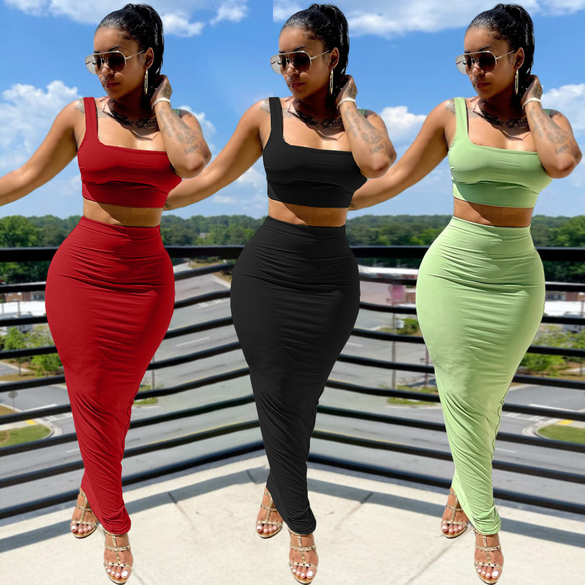 Sexy Casual Solid Tank Top Long Skirt 2 Piece Sets