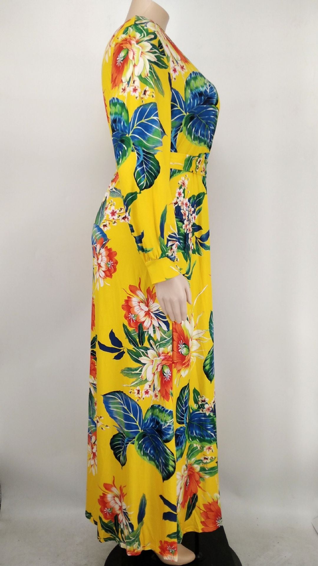 Sexy Plus Size Floral Print Long Sleeve V Neck Maxi Dress