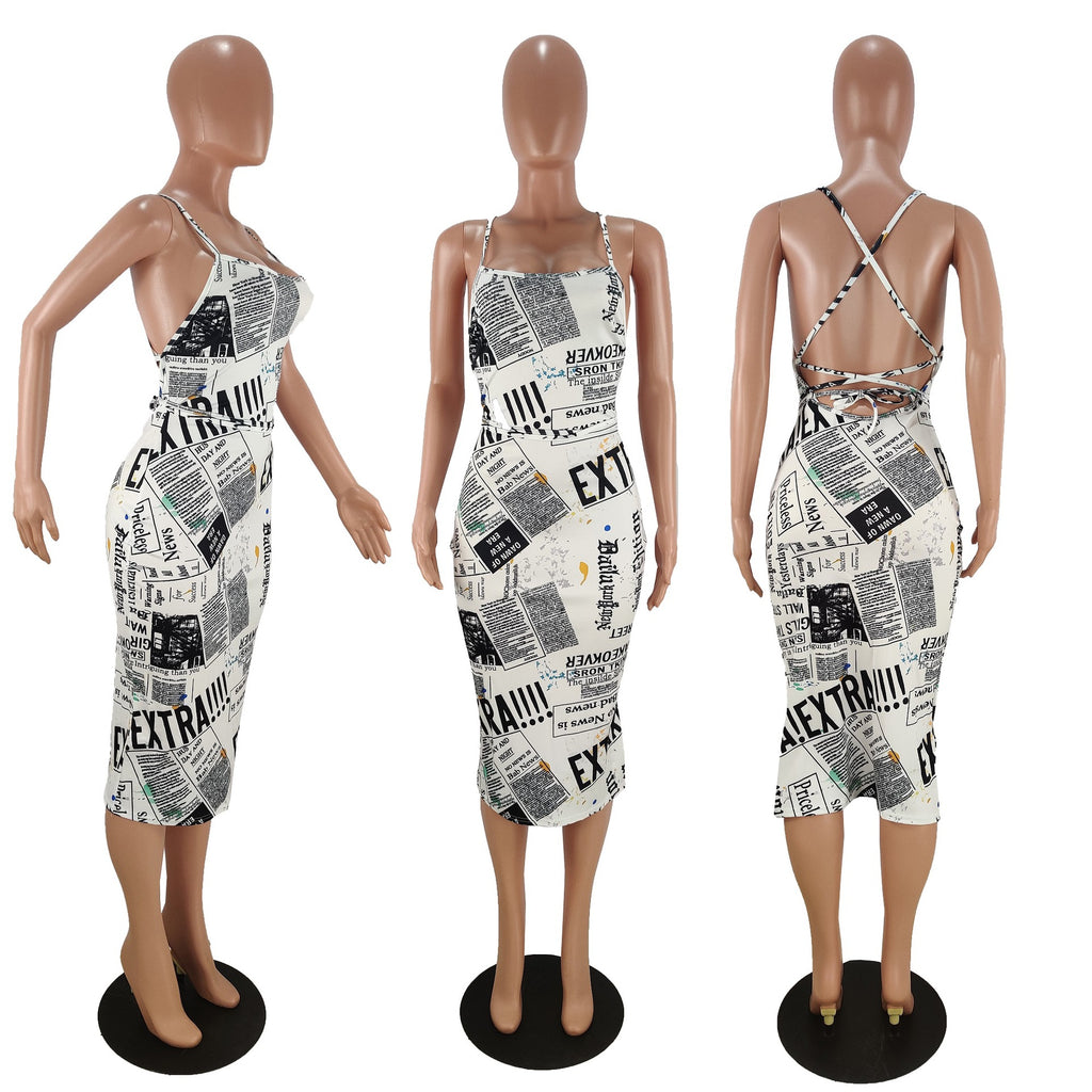 Sexy Letter Print Sleeveless Sling Midi Dress