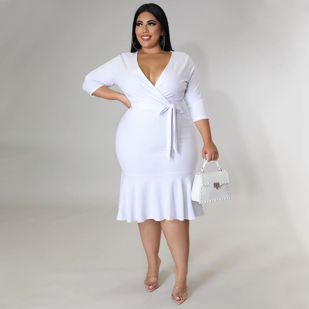 Sexy Plus Size Solid V Neck 3/4 Sleeve Ruffled Bodycon Dress