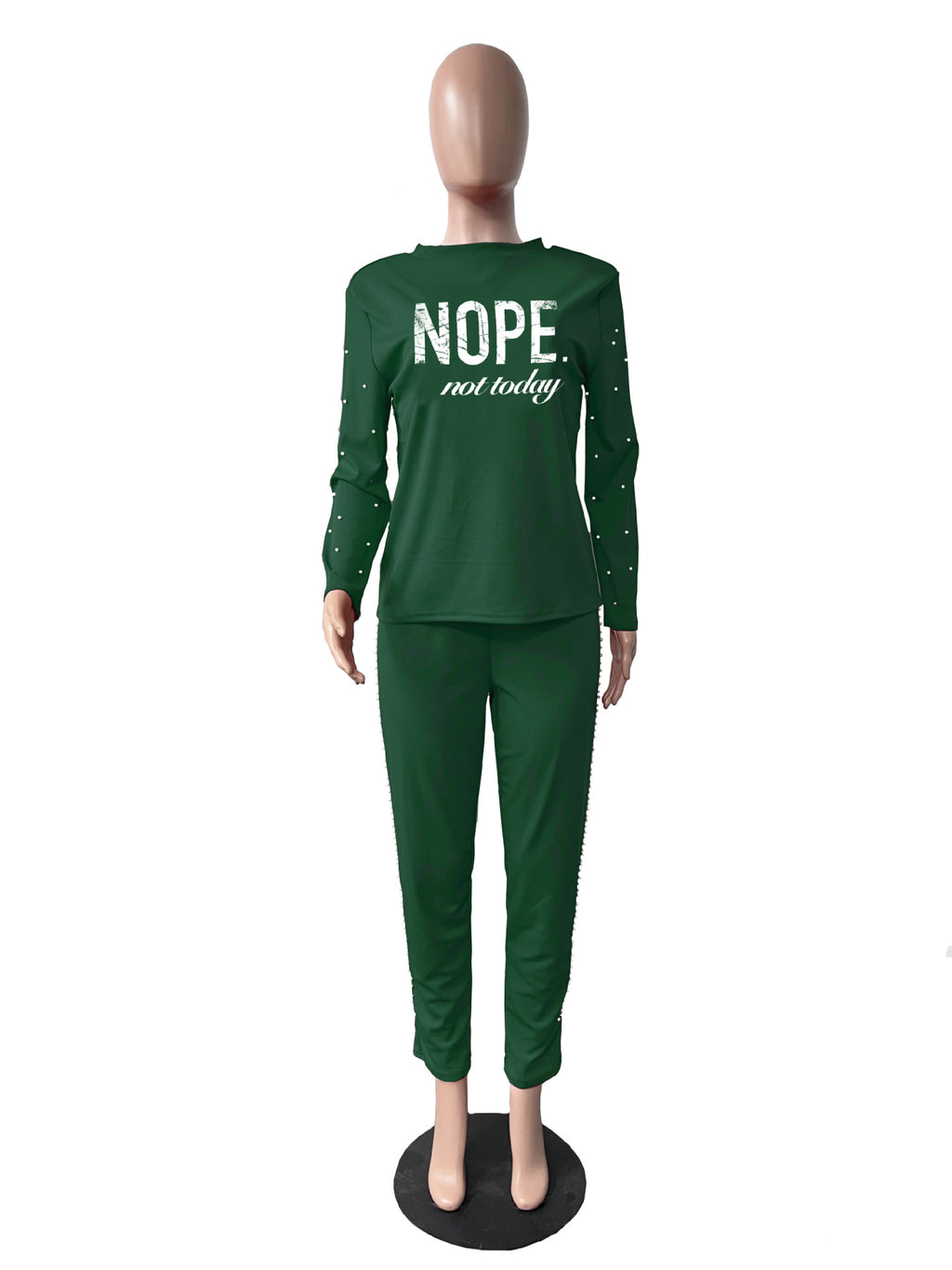 Sexy Pearl Decoration Long Sleeve Print Pant Casual Suit