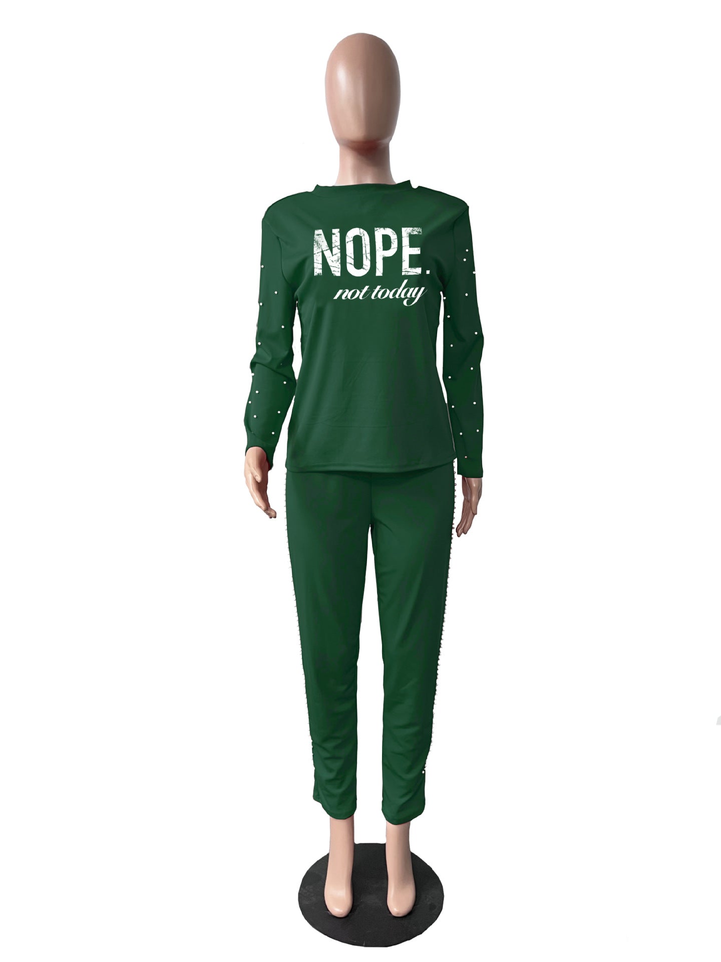 Sexy Pearl Decoration Long Sleeve Print Pant Casual Suit