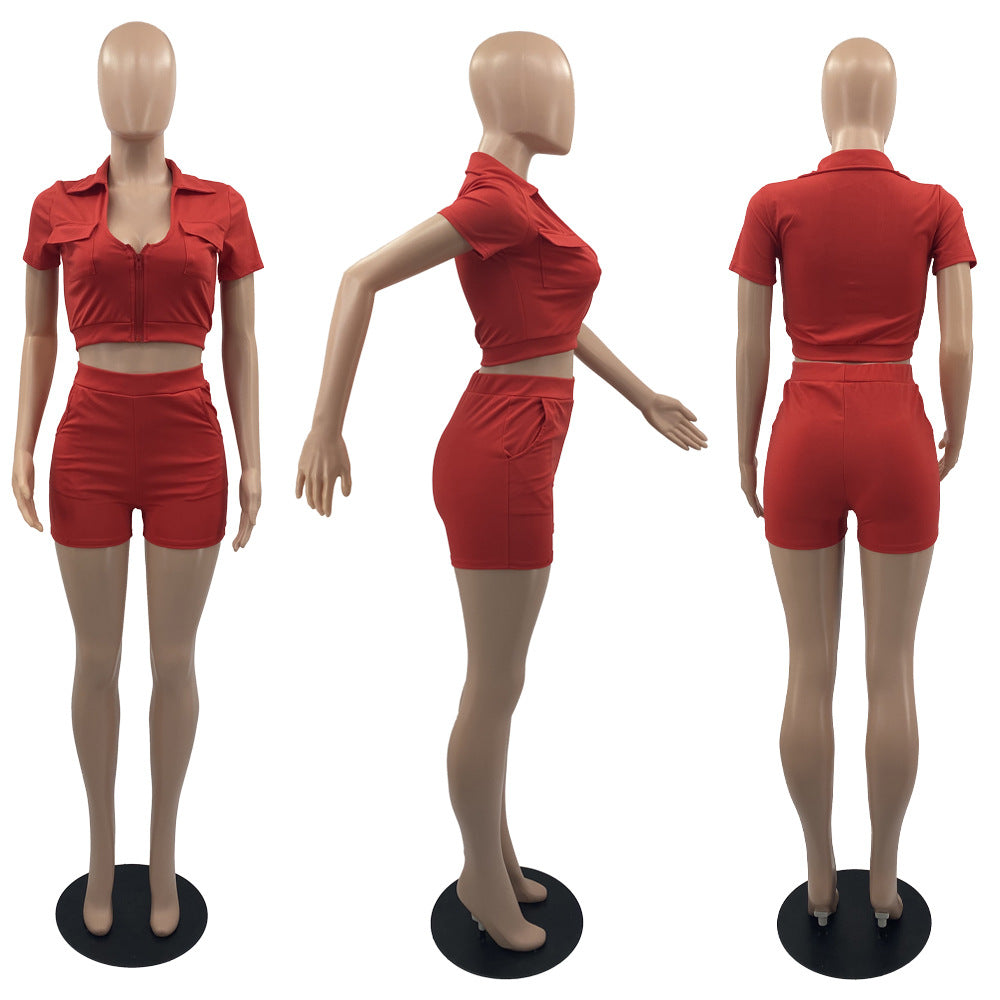 Sexy Casual Solid Short Sleeve Zipper Two Piece Shorts Set