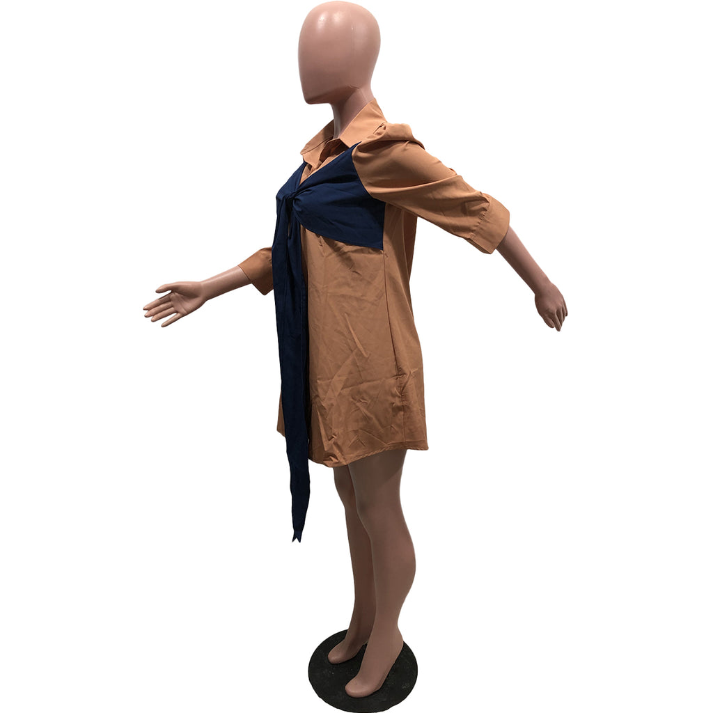 Sexy Casual 3/4 Sleeve Splice Lace-Up Shirt Dress